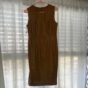 Calvin Klein Brown Midi Sheath Dress with Sleeveless Design and Crew Neck
